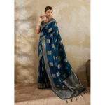 Generic Women's Silk Blend Printed Saree With Unstitched Blouse 5.5Mtr (Teal Blue) - Image 4