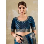 Generic Women's Silk Blend Printed Saree With Unstitched Blouse 5.5Mtr (Teal Blue) - Image 3
