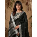 Generic Women's Linen Cotton Printed Saree With Unstitched Blouse 5.5Mtr (Black)