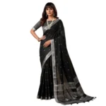 Generic Women's Linen Cotton Printed Saree With Unstitched Blouse 5.5Mtr (Black) - Image 3