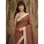Generic Women's Linen Cotton Printed Saree With Unstitched Blouse 5.5Mtr (Brown)