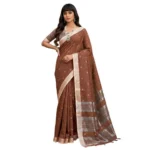 Generic Women's Linen Cotton Printed Saree With Unstitched Blouse 5.5Mtr (Brown) - Image 3