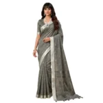 Generic Women's Linen Cotton Printed Saree With Unstitched Blouse 5.5Mtr (Gray) - Image 4
