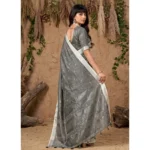 Generic Women's Linen Cotton Printed Saree With Unstitched Blouse 5.5Mtr (Gray) - Image 3