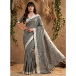 Generic Women's Linen Cotton Printed Saree With Unstitched Blouse 5.5Mtr (Gray) - Image 2