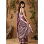 Generic Women's Linen Cotton Printed Saree With Unstitched Blouse 5.5Mtr (Purple) - Image 2