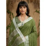 Generic Women's Linen Cotton Printed Saree With Unstitched Blouse 5.5Mtr (Green)