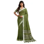 Generic Women's Linen Cotton Printed Saree With Unstitched Blouse 5.5Mtr (Green) - Image 3