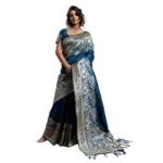 Generic Women's Silk Blend Printed Saree With Unstitched Blouse 5.5Mtr (Navy Blue) - Image 5