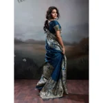 Generic Women's Silk Blend Printed Saree With Unstitched Blouse 5.5Mtr (Navy Blue) - Image 4