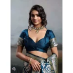 Generic Women's Silk Blend Printed Saree With Unstitched Blouse 5.5Mtr (Navy Blue) - Image 2