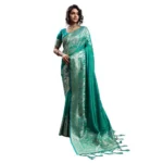 Generic Women's Silk Blend Printed Saree With Unstitched Blouse 5.5Mtr (Teal Green) - Image 6