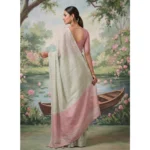 Generic Women's Tissue Silk Solid Saree With Unstitched Blouse 5.5Mtr (Silver) - Image 2