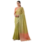 Generic Women's Tissue Silk Solid Saree With Unstitched Blouse 5.5Mtr (Green) - Image 3