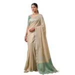 Generic Women's Tissue Silk Solid Saree With Unstitched Blouse 5.5Mtr (Beige) - Image 3