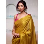 Generic Women's Tissue Silk Solid Saree With Unstitched Blouse 5.5Mtr (Yellow)