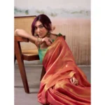 Generic Women's Tissue Silk Solid Saree With Unstitched Blouse 5.5Mtr (Peach)