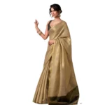 Generic Women's Tissue Silk Solid Saree With Unstitched Blouse 5.5Mtr (Gold) - Image 3
