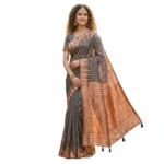 Generic Women's Linen Cotton Printed Saree With Unstitched Blouse 5.5Mtr (Grey) - Image 3
