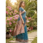 Generic Women's Linen Cotton Printed Saree With Unstitched Blouse 5.5Mtr (Blue)