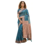 Generic Women's Linen Cotton Printed Saree With Unstitched Blouse 5.5Mtr (Blue) - Image 3