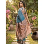Generic Women's Linen Cotton Printed Saree With Unstitched Blouse 5.5Mtr (Blue) - Image 2