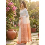 Generic Women's Linen Cotton Printed Saree With Unstitched Blouse 5.5Mtr (White)