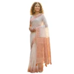 Generic Women's Linen Cotton Printed Saree With Unstitched Blouse 5.5Mtr (White) - Image 3