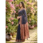 Generic Women's Linen Cotton Printed Saree With Unstitched Blouse 5.5Mtr (Navy Blue)