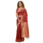 Generic Women's Linen Cotton Printed Saree With Unstitched Blouse 5.5Mtr (Red) - Image 2