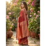 Generic Women's Linen Cotton Printed Saree With Unstitched Blouse 5.5Mtr (Red) - Image 3