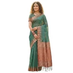 Generic Women's Linen Cotton Printed Saree With Unstitched Blouse 5.5Mtr (Green) - Image 3