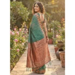 Generic Women's Linen Cotton Printed Saree With Unstitched Blouse 5.5Mtr (Green) - Image 2