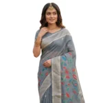 Generic Women's Linen Cotton Floral Embroidered Saree With Unstitched Blouse 5.5Mtr (Gray)