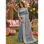 Generic Women's Linen Cotton Floral Embroidered Saree With Unstitched Blouse 5.5Mtr (Gray) - Image 3