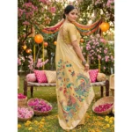 Generic Women's Linen Cotton Floral Embroidered Saree With Unstitched Blouse 5.5Mtr (Yellow) - Image 2
