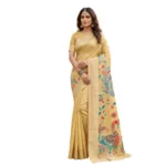 Generic Women's Linen Cotton Floral Embroidered Saree With Unstitched Blouse 5.5Mtr (Yellow) - Image 3
