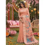 Generic Women's Linen Cotton Floral Embroidered Saree With Unstitched Blouse 5.5Mtr (Peach)
