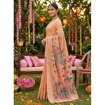 Generic Women's Linen Cotton Floral Embroidered Saree With Unstitched Blouse 5.5Mtr (Peach) - Image 2