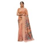 Generic Women's Linen Cotton Floral Embroidered Saree With Unstitched Blouse 5.5Mtr (Peach) - Image 3