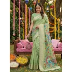 Generic Women's Linen Cotton Floral Embroidered Saree With Unstitched Blouse 5.5Mtr (Light Green)