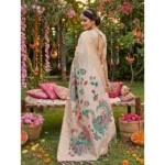 Generic Women's Linen Cotton Floral Embroidered Saree With Unstitched Blouse 5.5Mtr (Cream) - Image 2
