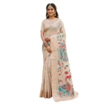 Generic Women's Linen Cotton Floral Embroidered Saree With Unstitched Blouse 5.5Mtr (Cream) - Image 3