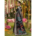 Generic Women's Linen Cotton Floral Embroidered Saree With Unstitched Blouse 5.5Mtr (Black) - Image 2