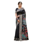 Generic Women's Linen Cotton Floral Embroidered Saree With Unstitched Blouse 5.5Mtr (Black) - Image 3