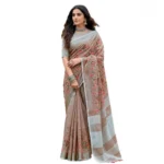 Generic Women's Linen Floral Embroidered Saree With Unstitched Blouse 5.5Mtr (Brown) - Image 6