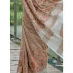 Generic Women's Linen Floral Embroidered Saree With Unstitched Blouse 5.5Mtr (Brown) - Image 2
