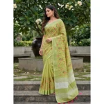 Generic Women's Linen Floral Embroidered Saree With Unstitched Blouse 5.5Mtr (Light Green) - Image 2