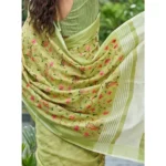 Generic Women's Linen Floral Embroidered Saree With Unstitched Blouse 5.5Mtr (Light Green) - Image 3