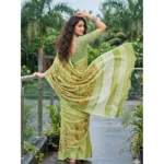 Generic Women's Linen Floral Embroidered Saree With Unstitched Blouse 5.5Mtr (Light Green) - Image 4